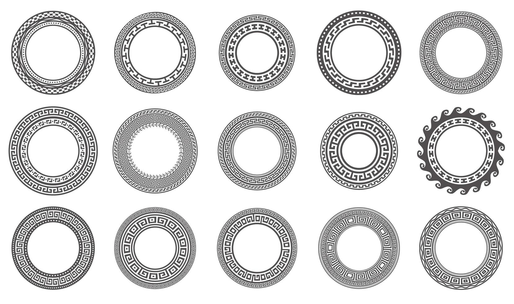 Circle greek frames. Round meander borders. Decoration elements patterns. Vector illustration isolated on white background.