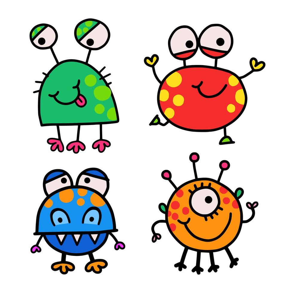 dibujado a mano dibujos animados pequeños garabatos de monstruos para niños vector