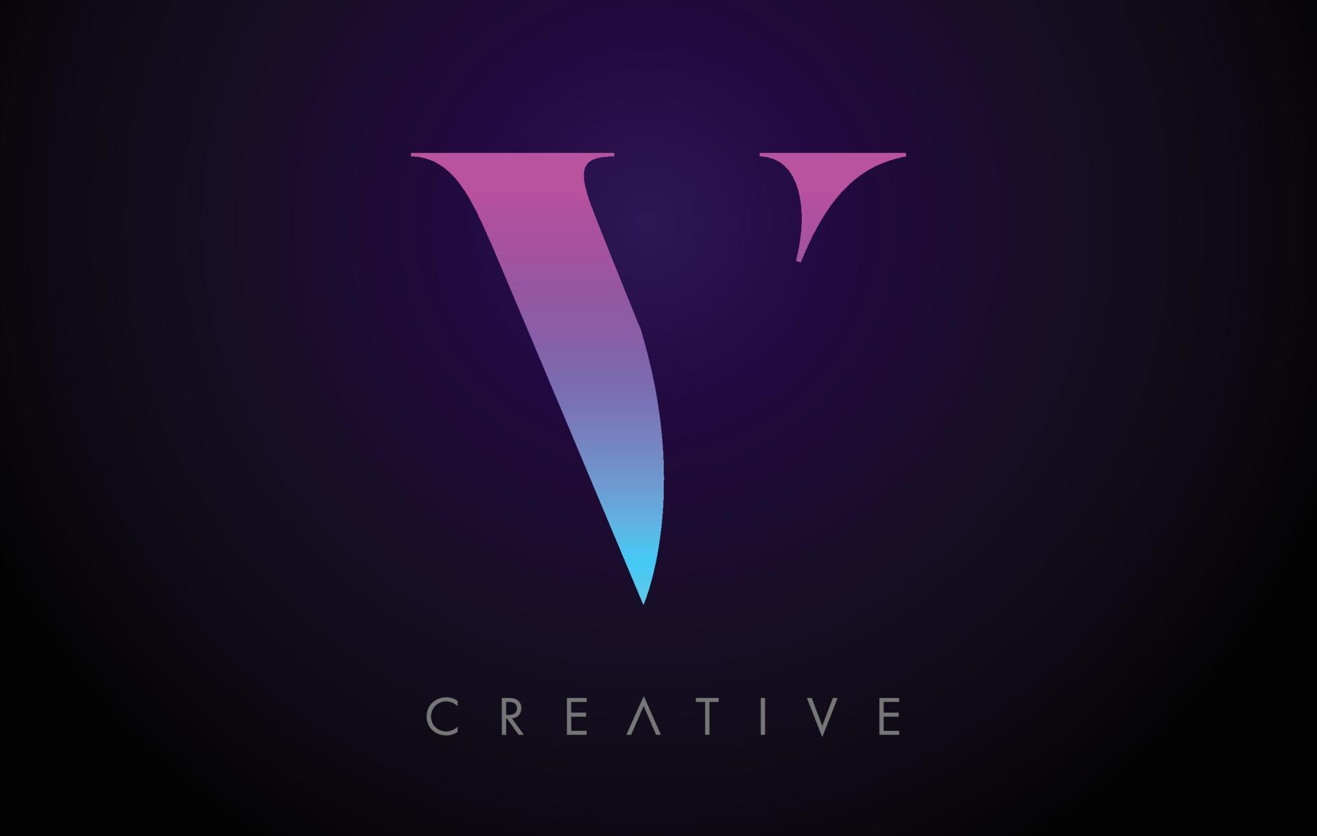 Purple Blue Neon V Letter Logo Design Concept with Minimalist Style and