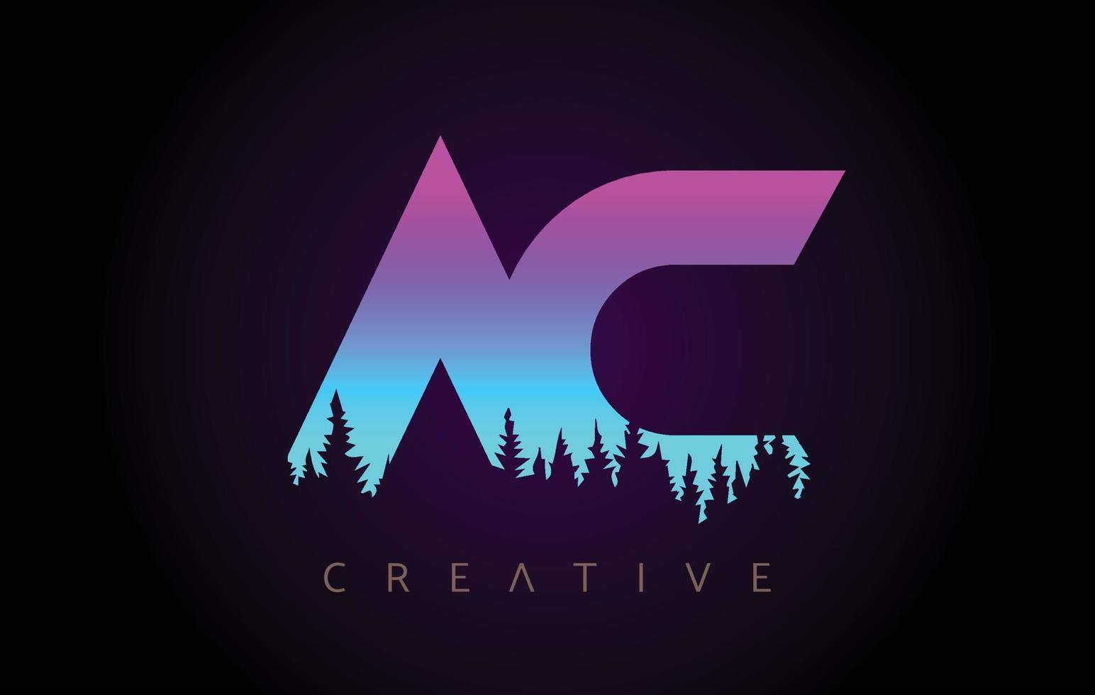 AC Letters Logo Design with Purple Blue Colors and Pine Forest Trees Concept Vector Icon