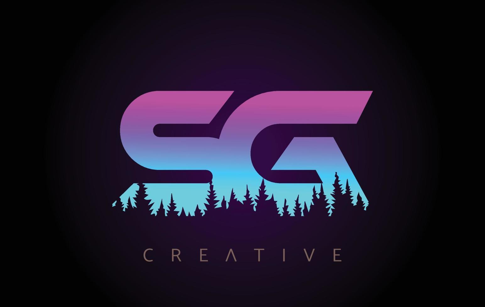 diseño de logotipo de letras sg con colores azul púrpura e icono de vector de concepto de árboles de bosque de pino