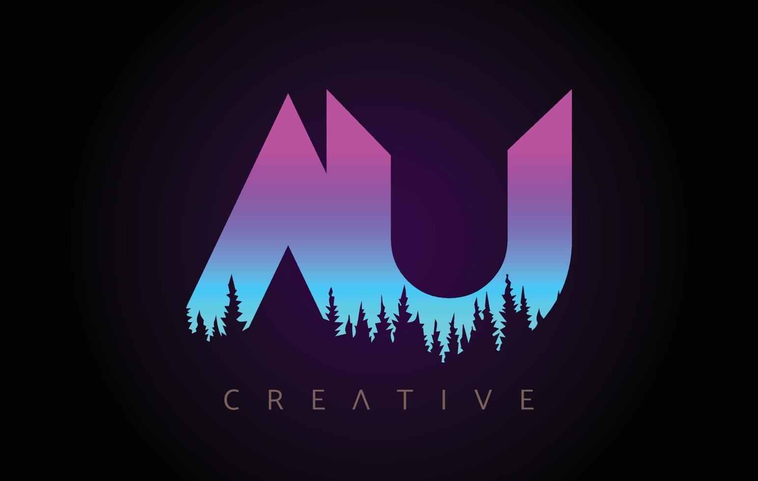 diseño de logotipo de letras au con colores azul púrpura e icono de vector de concepto de árboles de bosque de pino