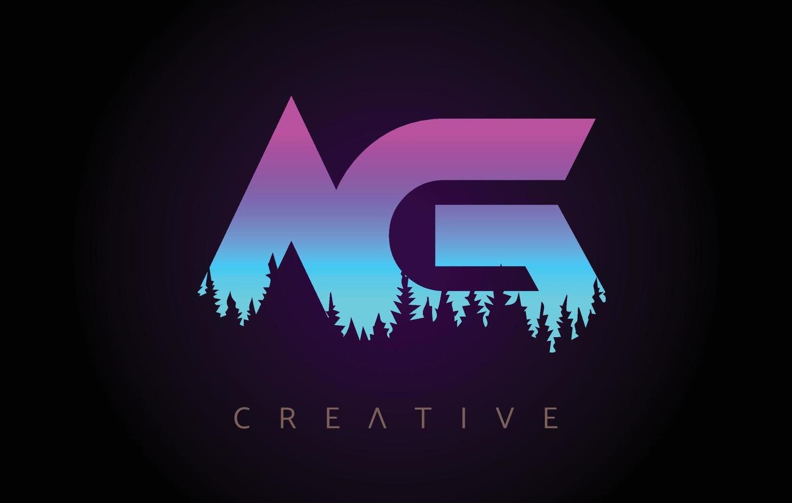 AG Letters Logo Design with Purple Blue Colors and Pine Forest Trees Concept Vector Icon