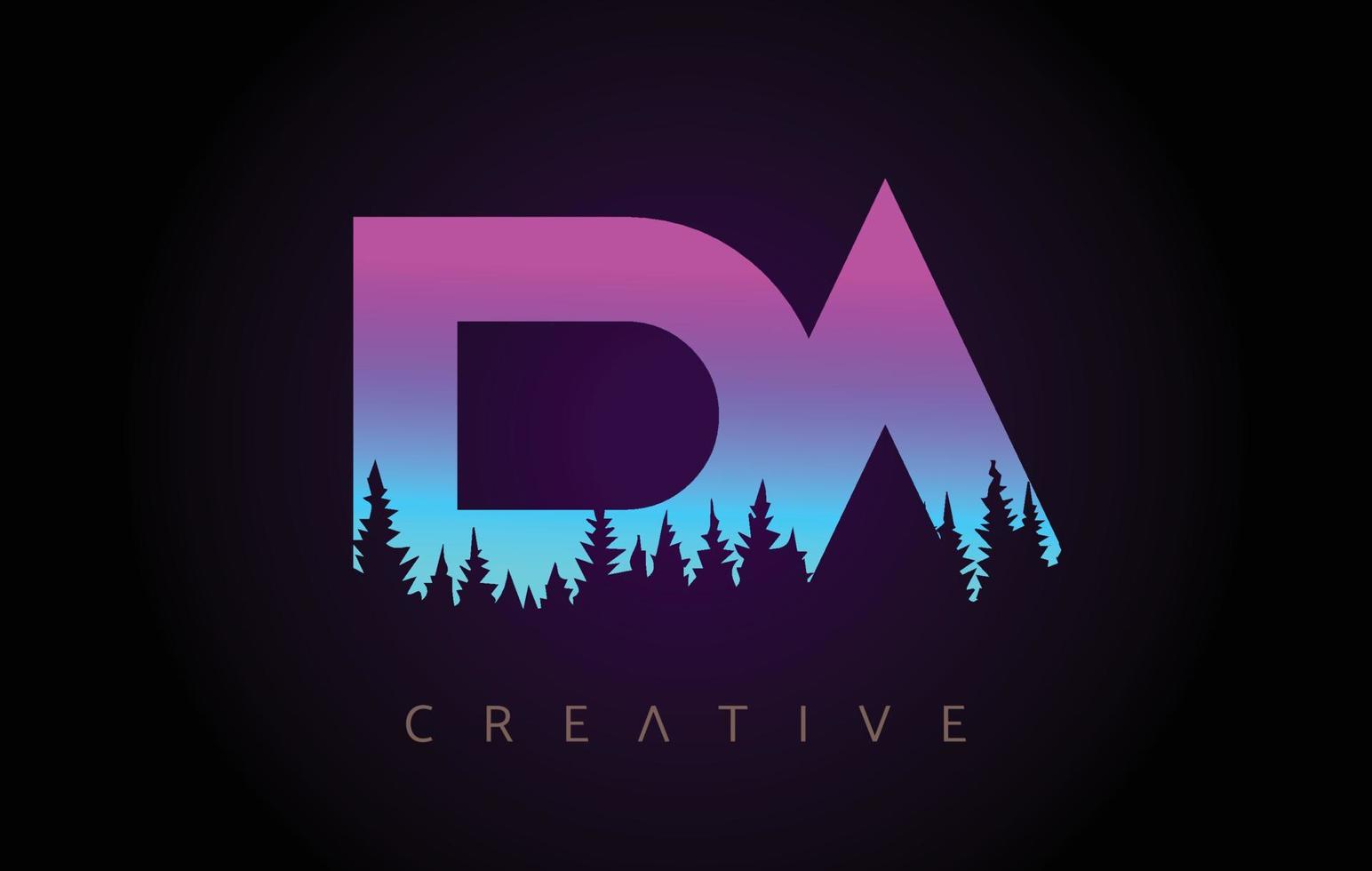 DA Letters Logo Design with Purple Blue Colors and Pine Forest Trees Concept Vector Icon