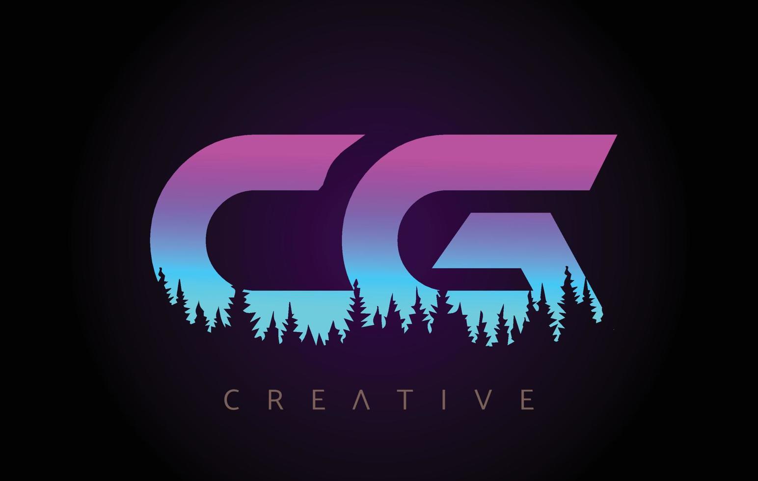 diseño de logotipo de letras cg con colores azul púrpura e icono de vector de concepto de árboles de bosque de pino