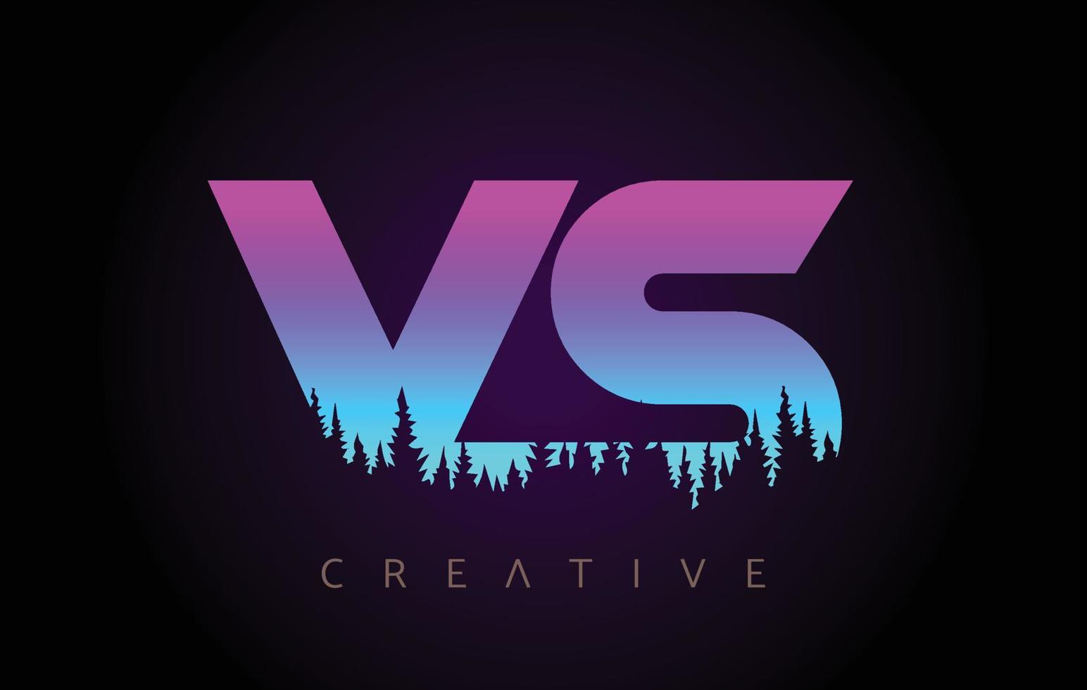 diseño de logotipo de letras vs con colores azul púrpura e icono de vector de concepto de árboles de bosque de pino
