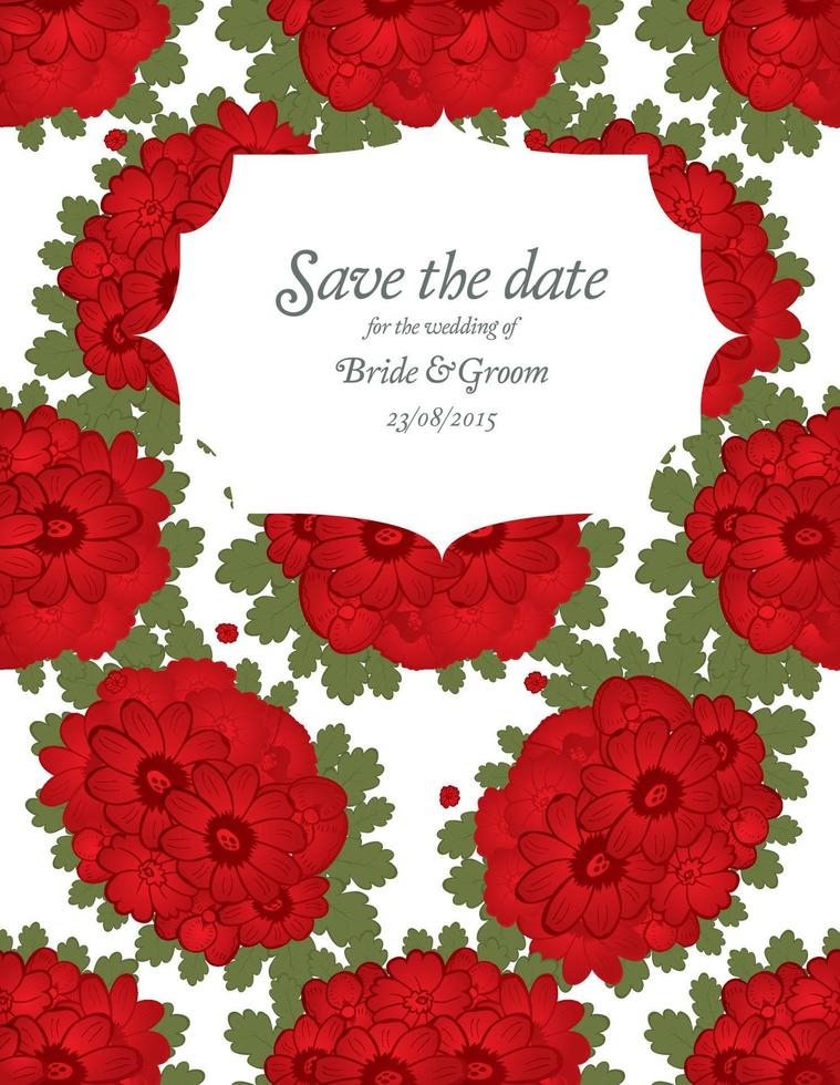 Save the date wedding invite card template with red flowers. vector