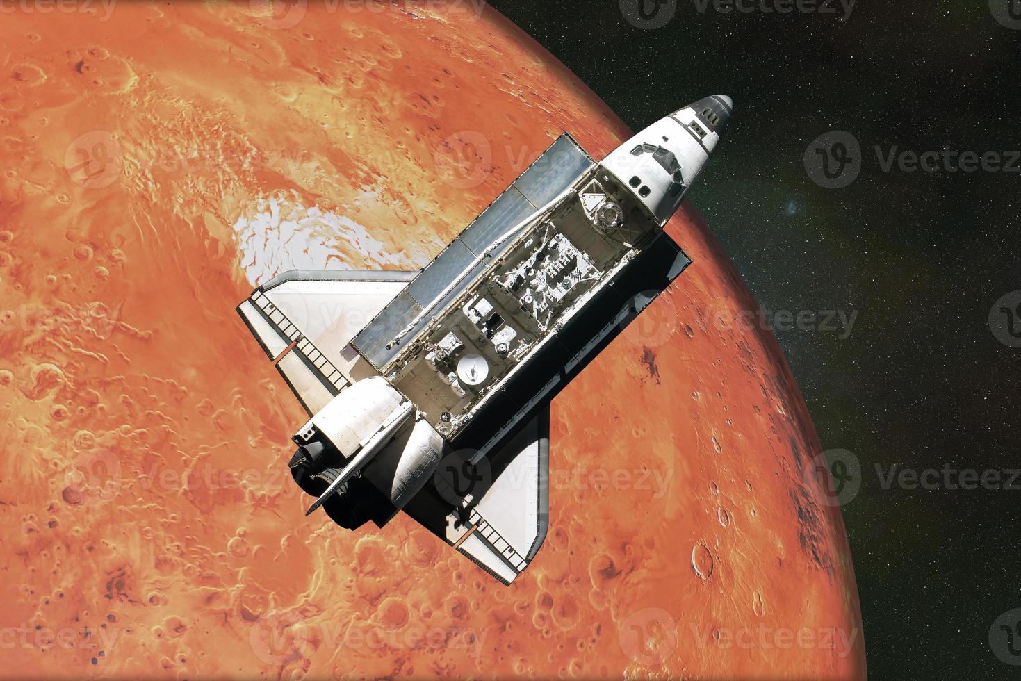 Flying space shuttle close to the Mars planet of solar system. North Pole of the Mars planet. 3D render illustration. Elements of this image were furnished by NASA photo