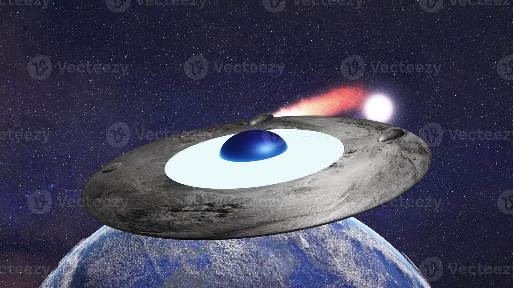 Burning UFO near Planet Earth in outer space. Planetary disaster concept. 3d render illustration. Elements of this image furnished by NASA. photo