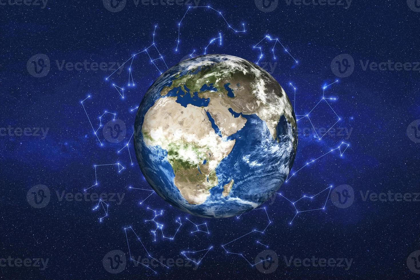 Daylight planet Earth in the space with zodiac constellations on the background. North and south America. Blue planet. Science fiction. Elements of this image were furnished by NASA photo