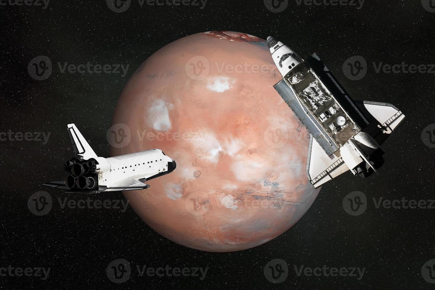 Flying space shuttles close to the Mars planet with atmosphere. 3D render illustration. Elements of this image were furnished by NASA photo