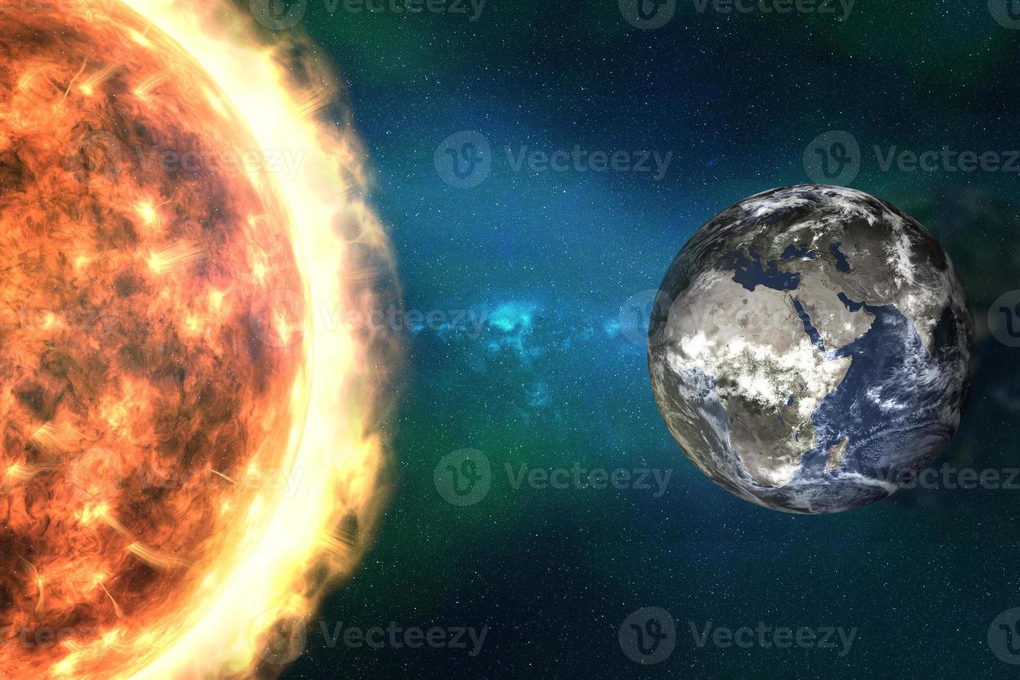 Sun storm in outer space. Sun radiation flow to Earth planet. 3d render illustration. Elements of this image were furnished by NASA photo