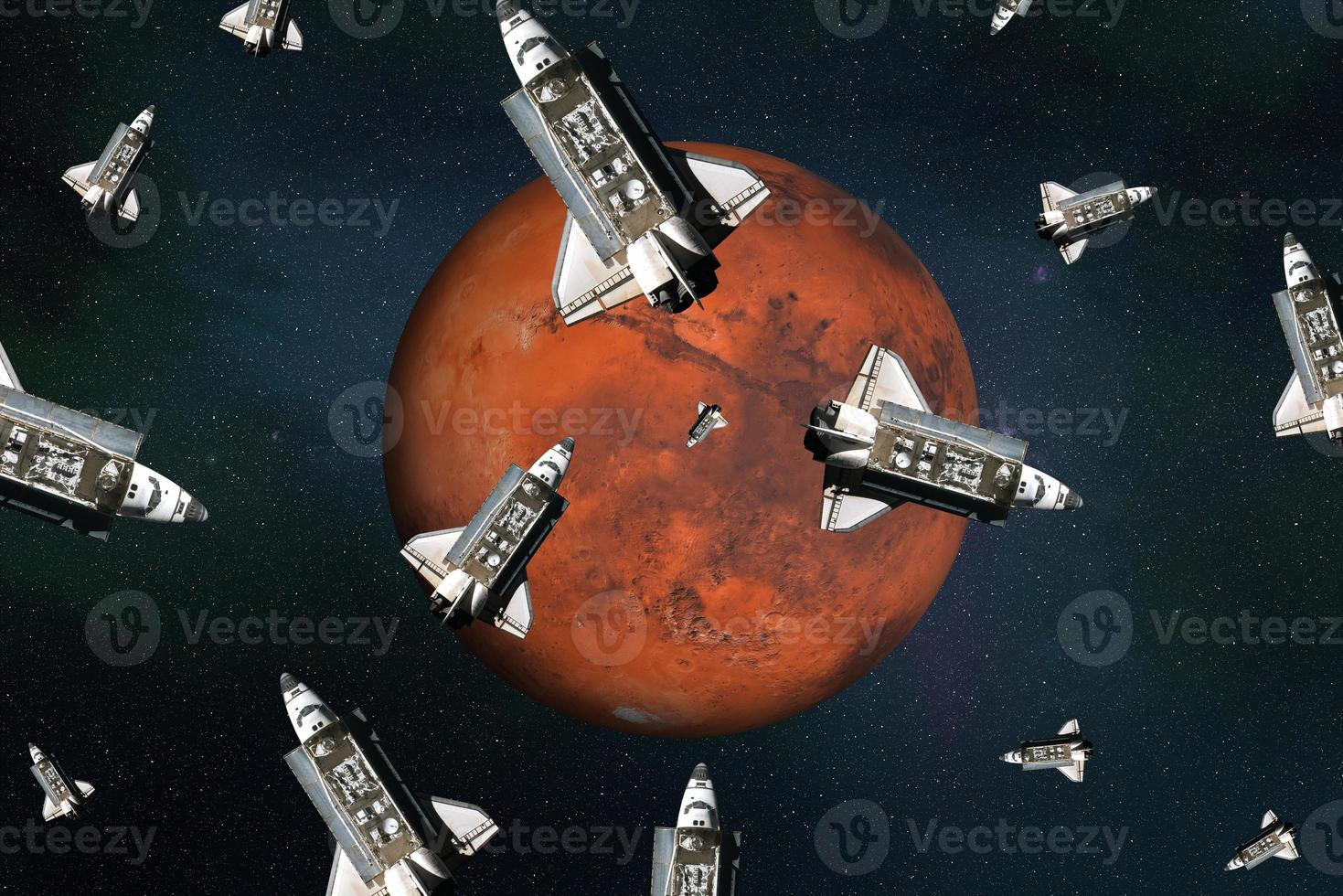 Flying space shuttles close to the Mars planet of solar system. Mars colonization concept. 3D render illustration. Elements of this image were furnished by NASA photo