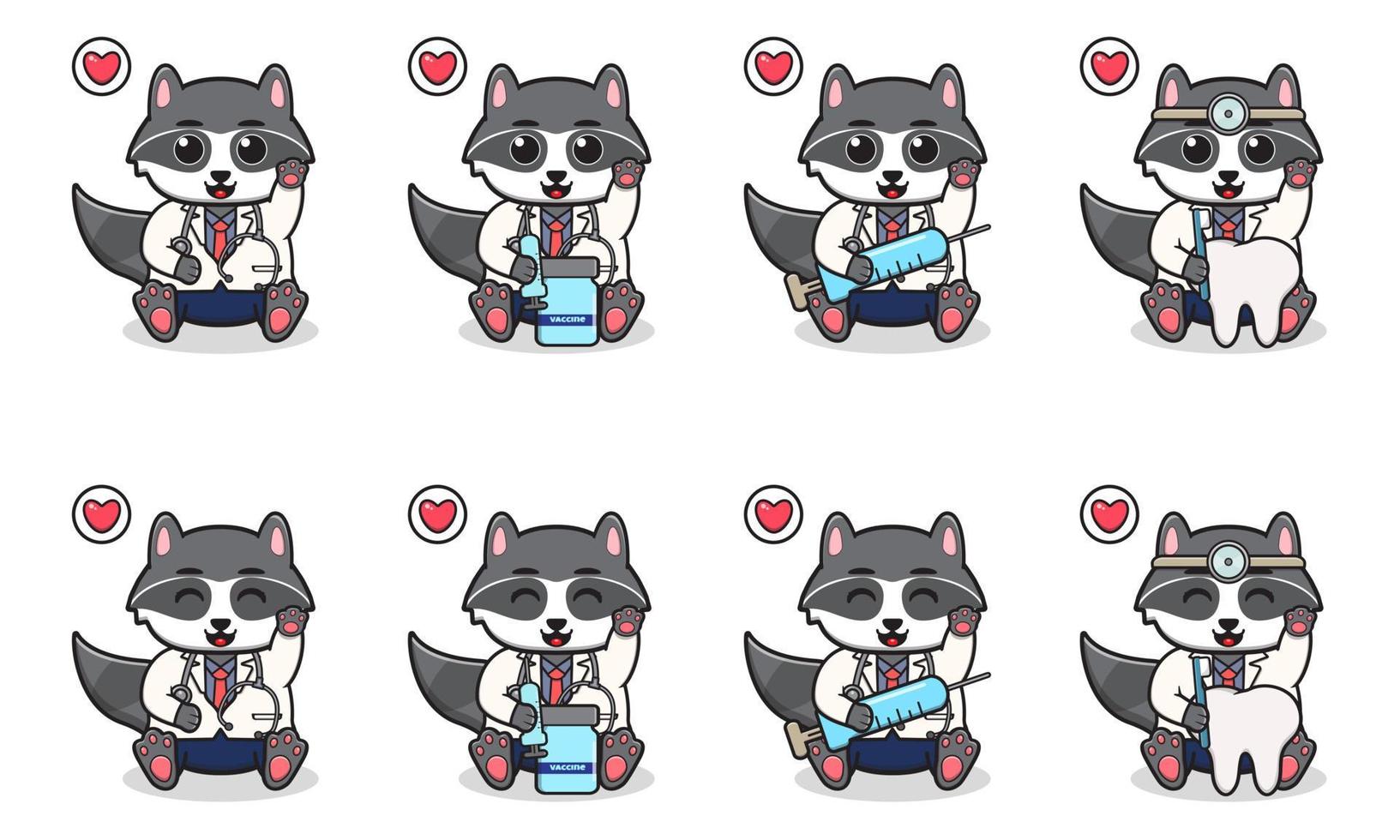 Vector Illustration of Cute sitting Raccoon cartoon with Doctor costume and hand up pose