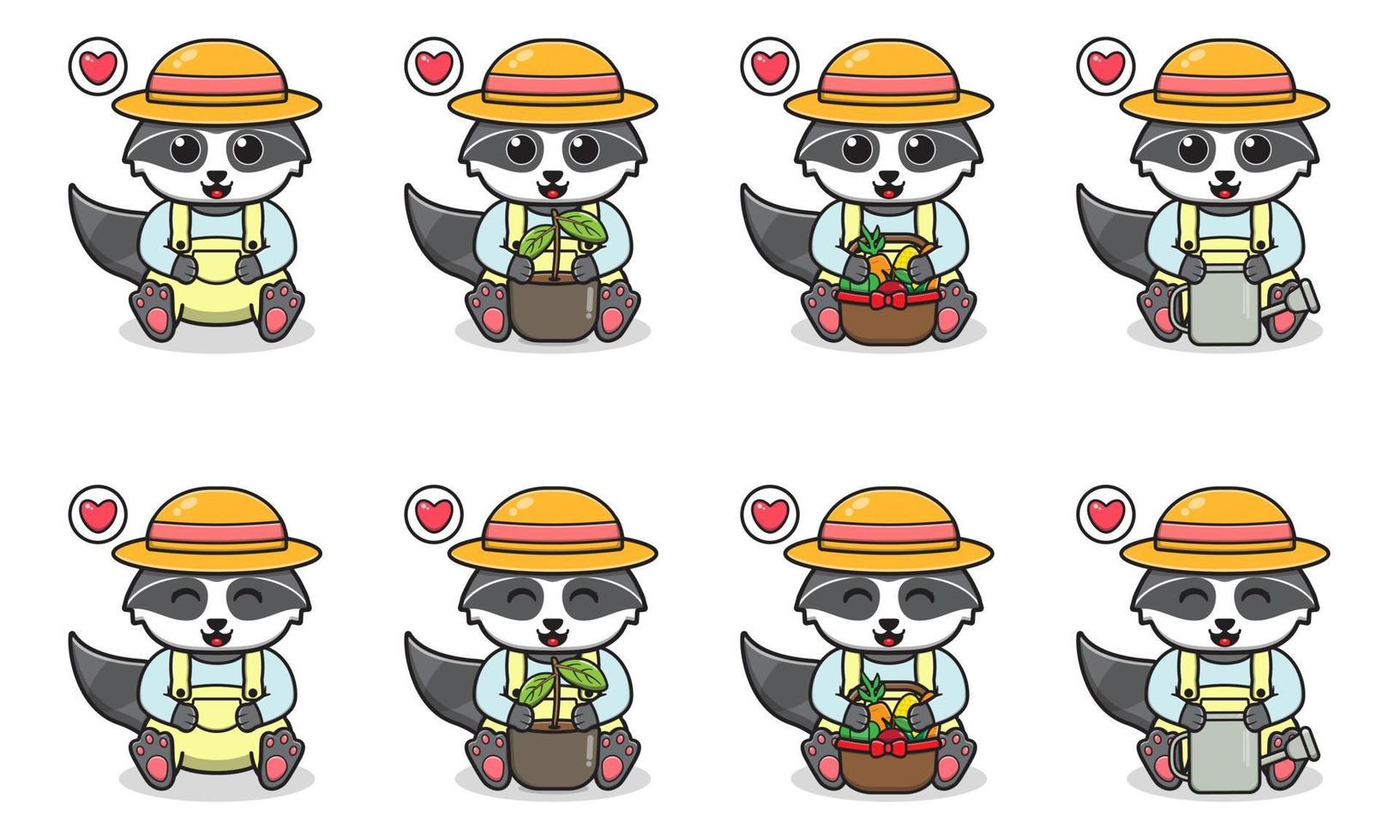 Vector Illustration of Cute sitting Raccoon cartoon with Farmer costume