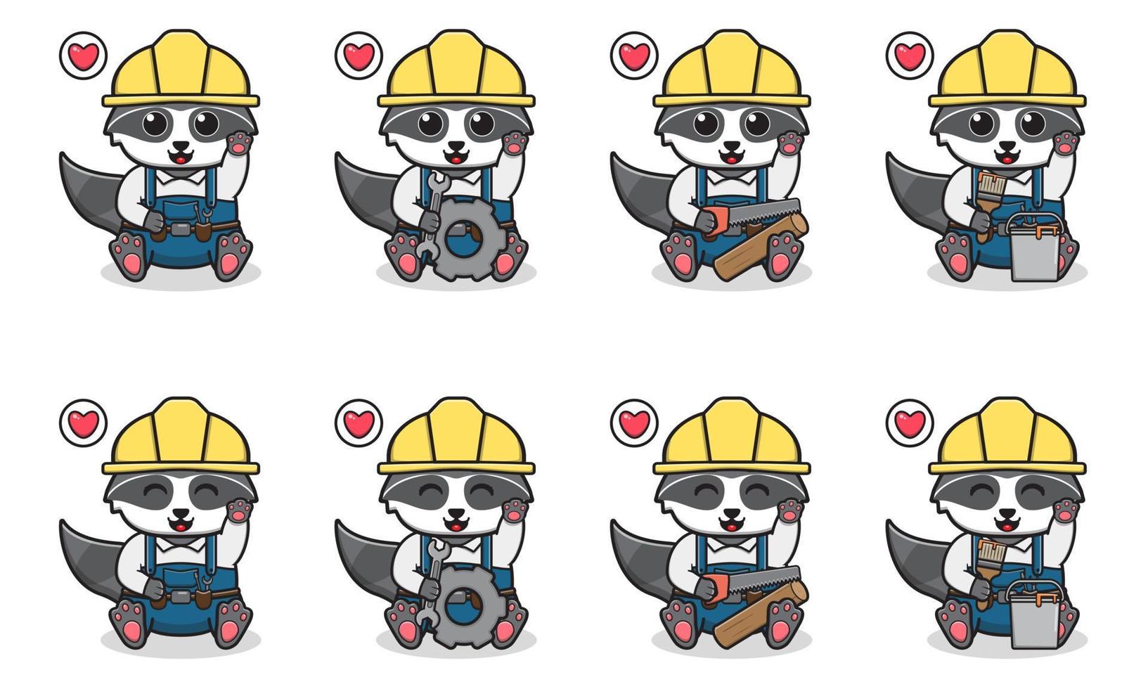 Vector Illustration of Cute sitting Raccoon cartoon with Handyman costume and hand up pose.