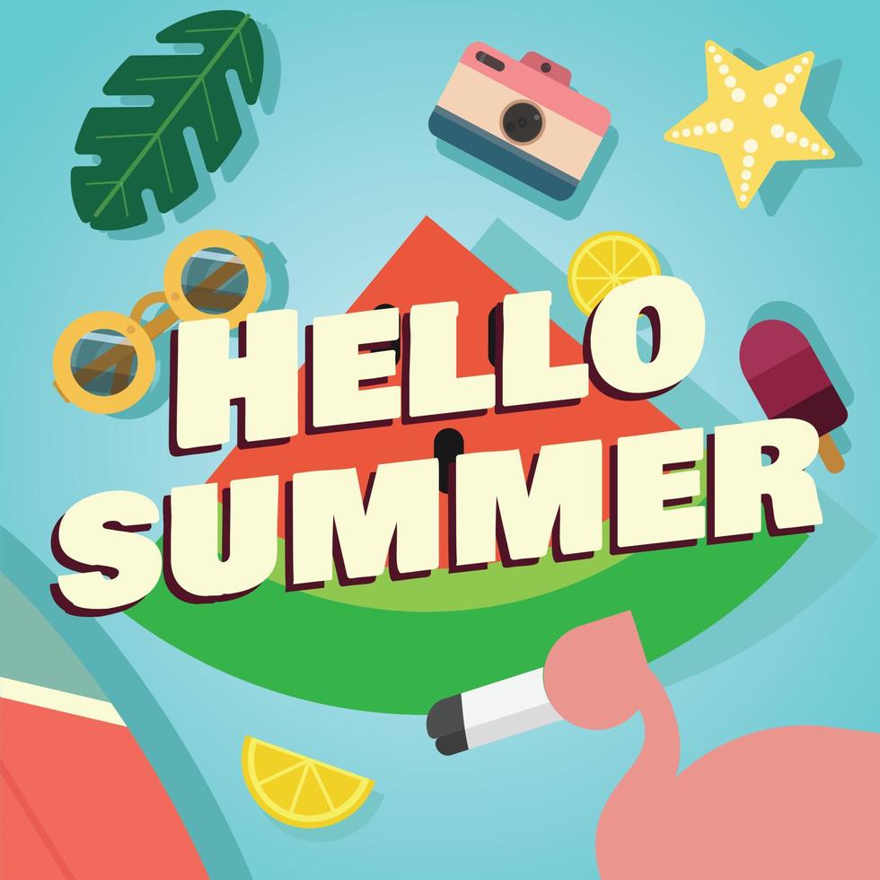 hola verano un ambiente de verano ilustración simple con muchas cosas de verano vector