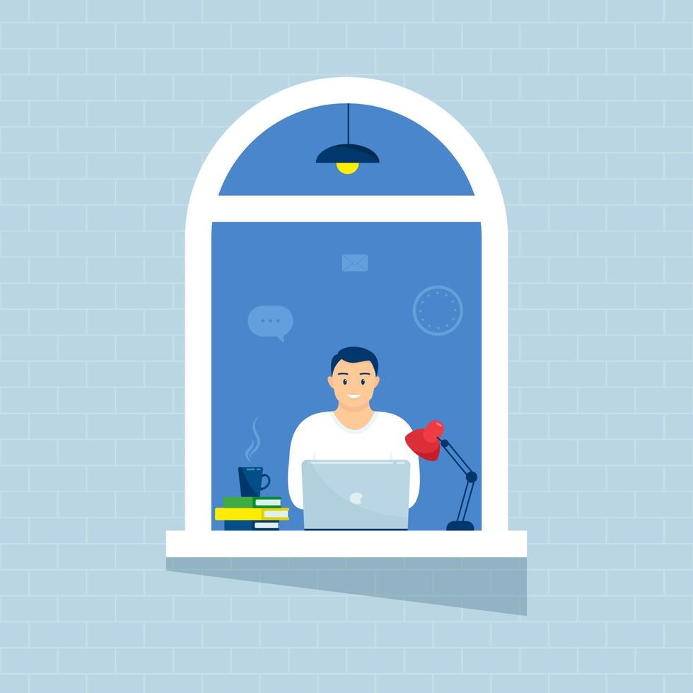 A man in a windows house looks out of a room or apartment, works on a laptop, Concept people sit at home, working, studying, and resting. Home isolation. lockdown. vector