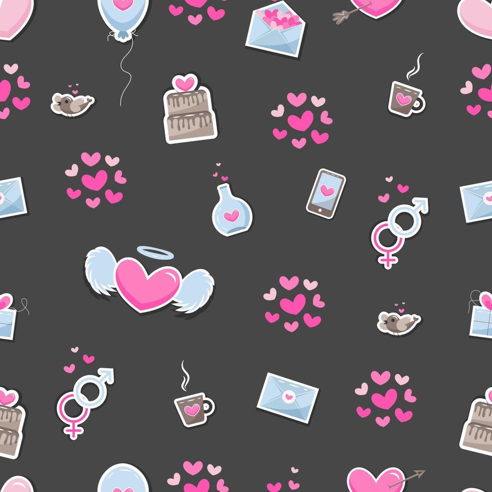 Valentine's day elements abstract background. Set of cute hand-drawn icons about love isolated on dark background in delicate shades of colors. Pattern Happy Valentine's Day. vector