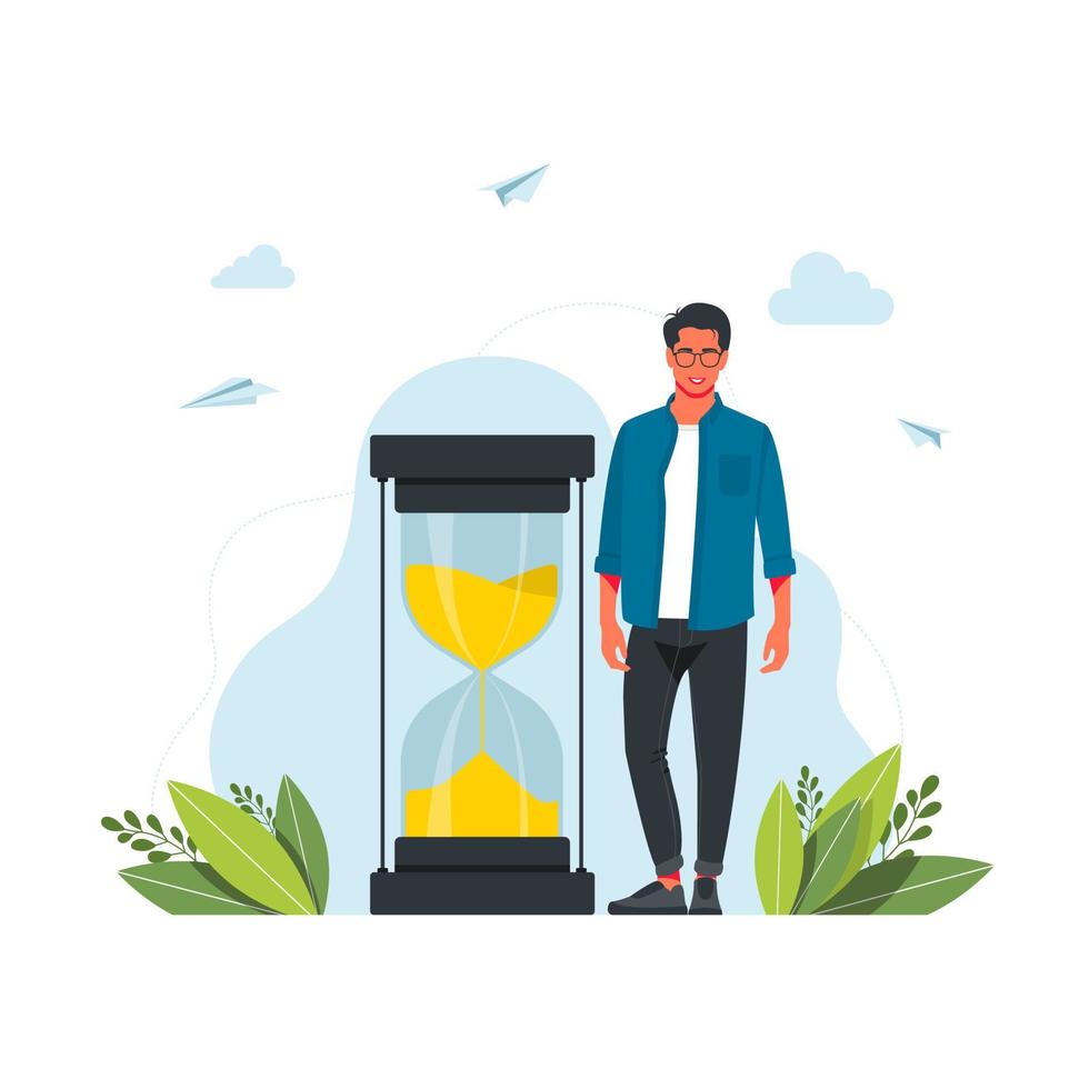 Hurrying man and hourglass. Concept of time management, effective planning for productive work, stressful task, deadline, countdown. Modern flat colorful vector illustration for poster, banner.