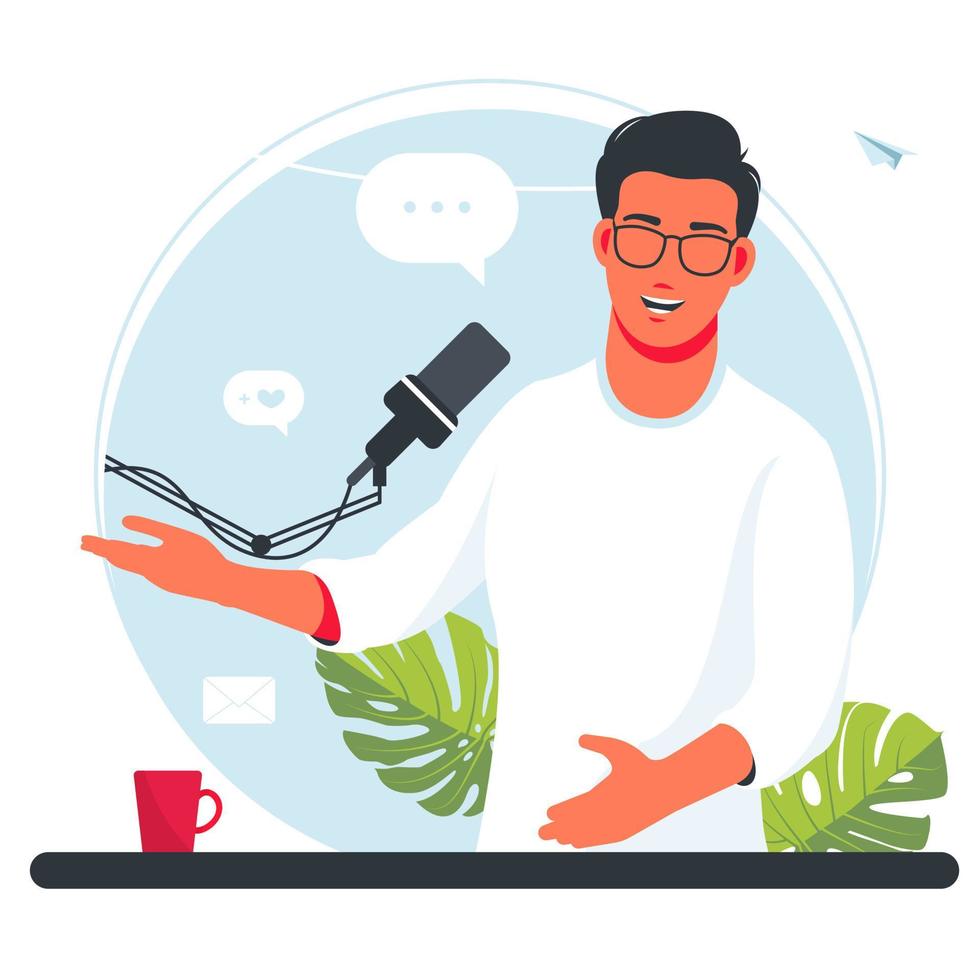 The man is recording a podcast. Boy in headphones talking into a microphone. The radio DJ is broadcasting online. Joyful person radio host interviewing guest, mass media broadcasting isolated vector