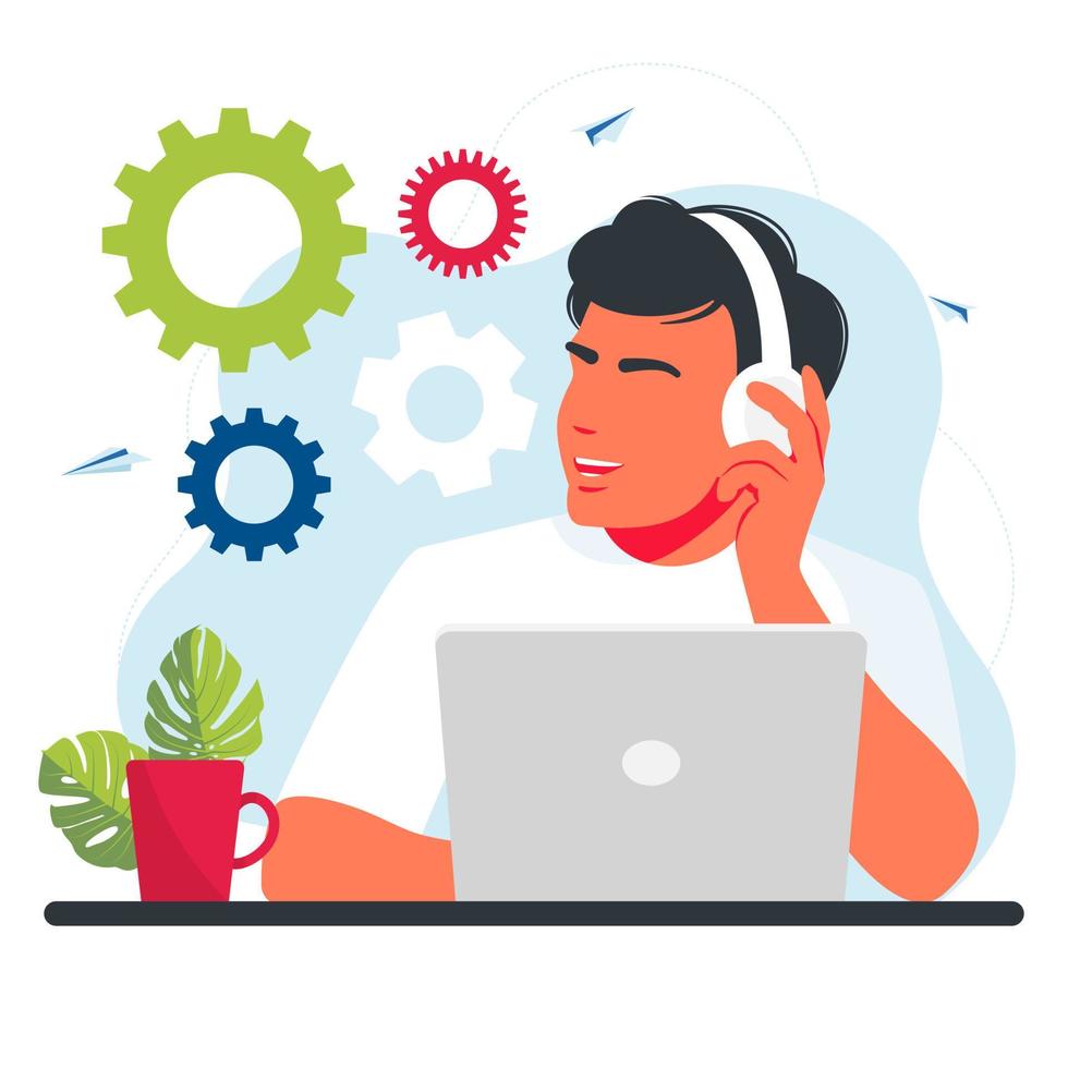 vector illustration of a man working at a laptop. freelance. promotion in the network. manager at remote work. a business mechanism, abstract background with gears, business promotion