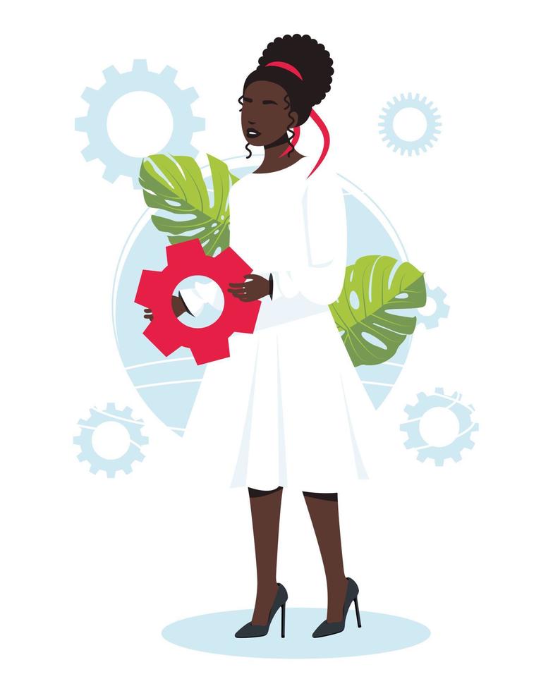 Women holding gears from the large mechanism, small people links of mechanism, business mechanism, abstract background with gears, people engaged in business promotion, strategy analysis vector