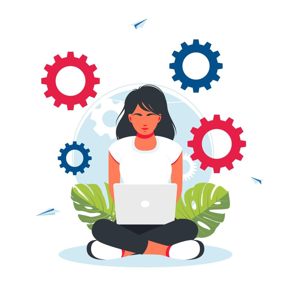vector illustration of a woman working at a laptop. freelance. promotion in the network. manager at remote work. a business mechanism, abstract background with gears, business promotion