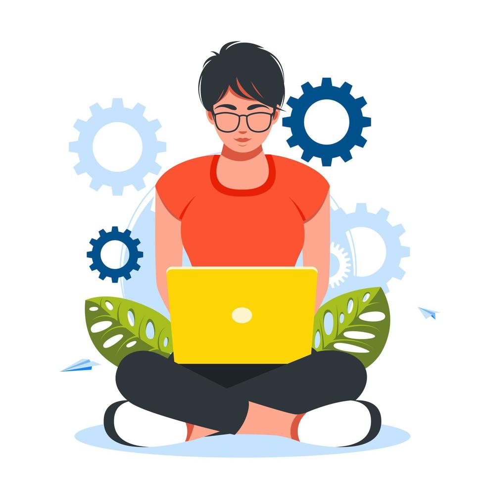vector illustration of a woman working at a laptop. freelance. promotion in the network. manager at remote work. the business mechanism, abstract background with gears, strategy analysis