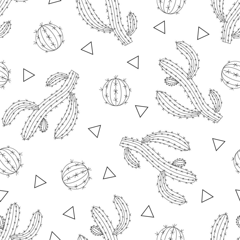 Vector seamless pattern of cacti doodle black and white. Hand drawn doodle cactus background. Coloring pages set with cute cactuses.