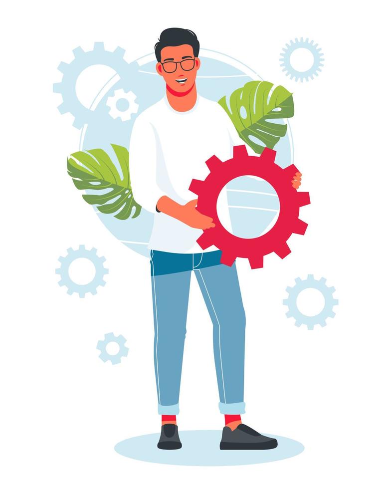 Man holding gears from the large mechanism, small people links of mechanism, business mechanism, abstract background with gears, people engaged in business promotion, strategy analysis, communication vector