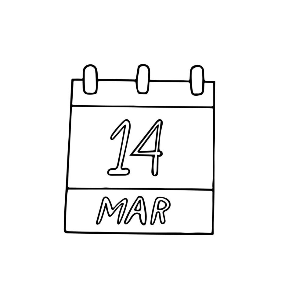 calendario dibujado a mano en estilo garabato. 14 de marzo. fecha. icono, pegatina, elemento de diseño vector