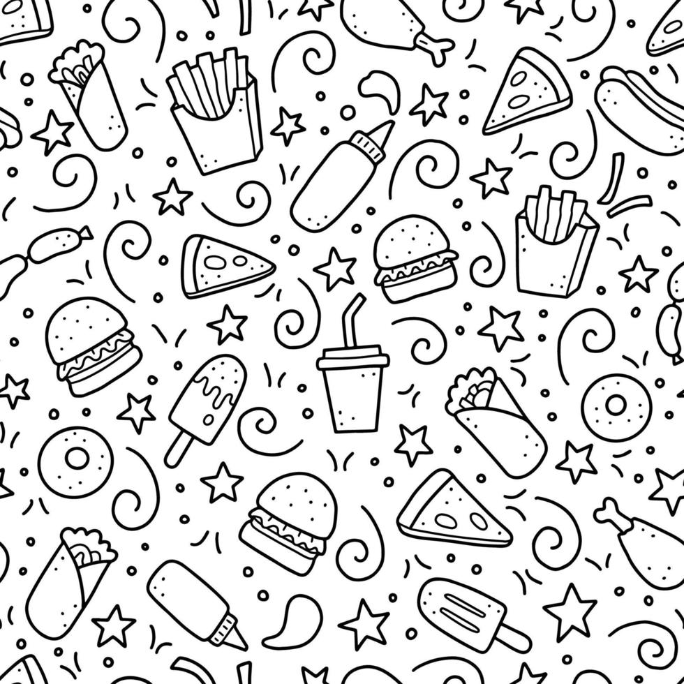 Hand drawn seamless pattern of fast food doodle. Vector illustration.