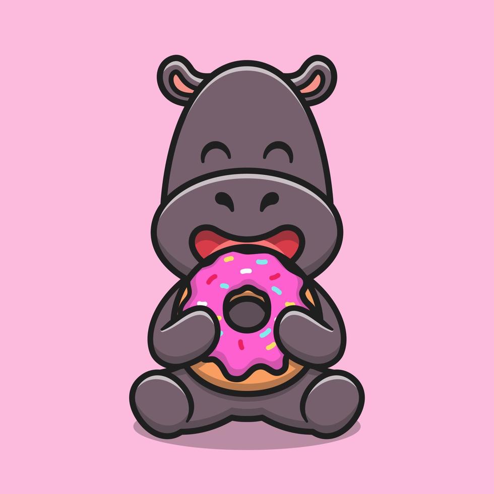 Cute hippo eating doughnut cartoon vector icon illustration