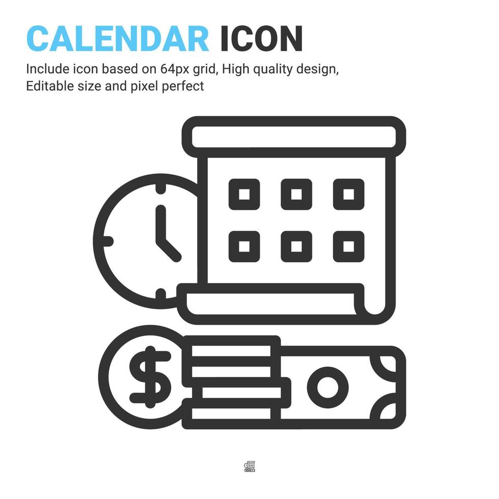 Calendar icon vector with outline style isolated on white background. Vector illustration time sign symbol icon concept for business, finance, industry, company, apps and all project