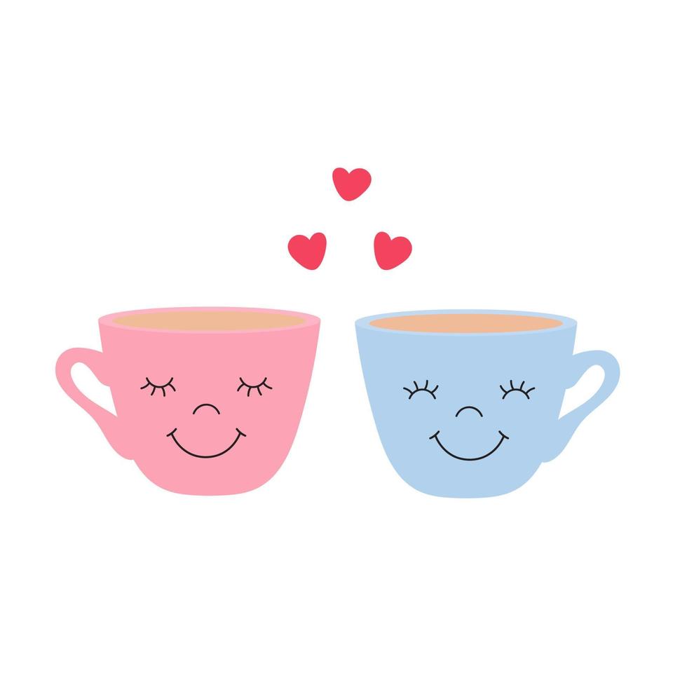 linda pareja sonriente simple de tazas con café y corazones. ilustración vectorial romántica aislada en blanco. adecuado para café, cafetería, logotipo, diseño de interiores vector
