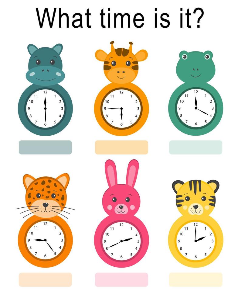 Useful games with clock for preschool children. Tell time set with clock funny animals for kids. What time is it Kids preschool playing, learning activity. Worksheet for school kids. vector