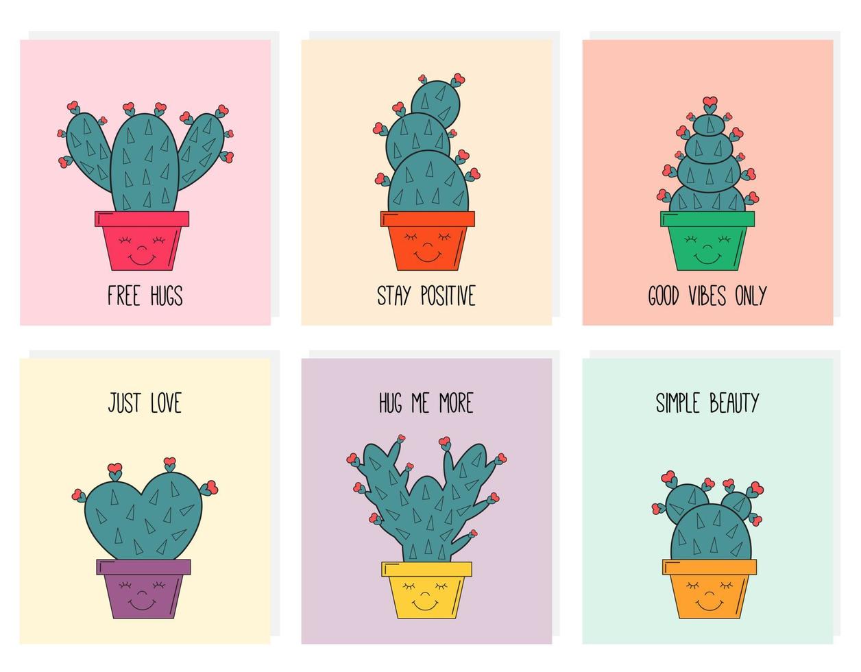 Cute collection of illustrations with cactus. Positive motivational phrases. Cartoon postcard with cacti in pot. Suitable for poster, notebook cover, printing. Set of romantic succulent in flowerpots. vector