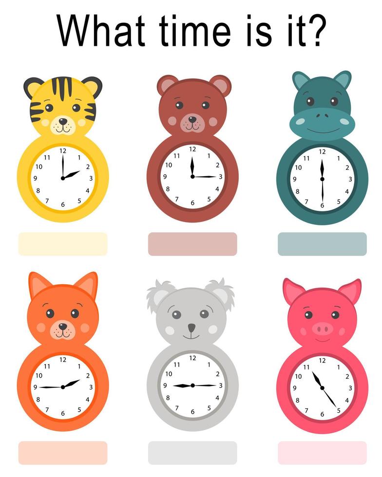 Telling time educational activity with clock in shape of cartoon funny animals. Preschool time learning. A game for children. Worksheet for school kids. Useful games for preschool and kindergarten. vector