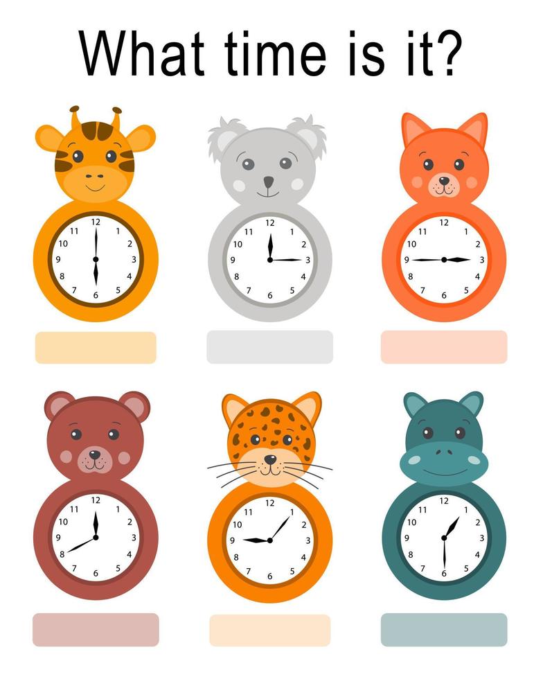 Worksheet for school kids to identify the time. Tell time set with clock funny animals for kids. Worksheet for school kids. Useful games for preschool and kindergarten for the development of logical vector