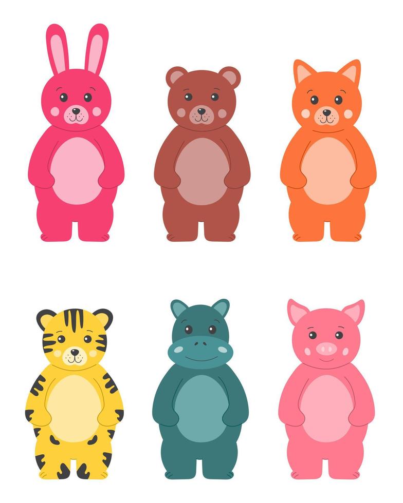 Collection of cute funny animals for kids in cartoon style isolatedon white. Bunny, bear, fox, tiger, pig, hippopotamus. For printing, childish design, birthday cards, posters. vector