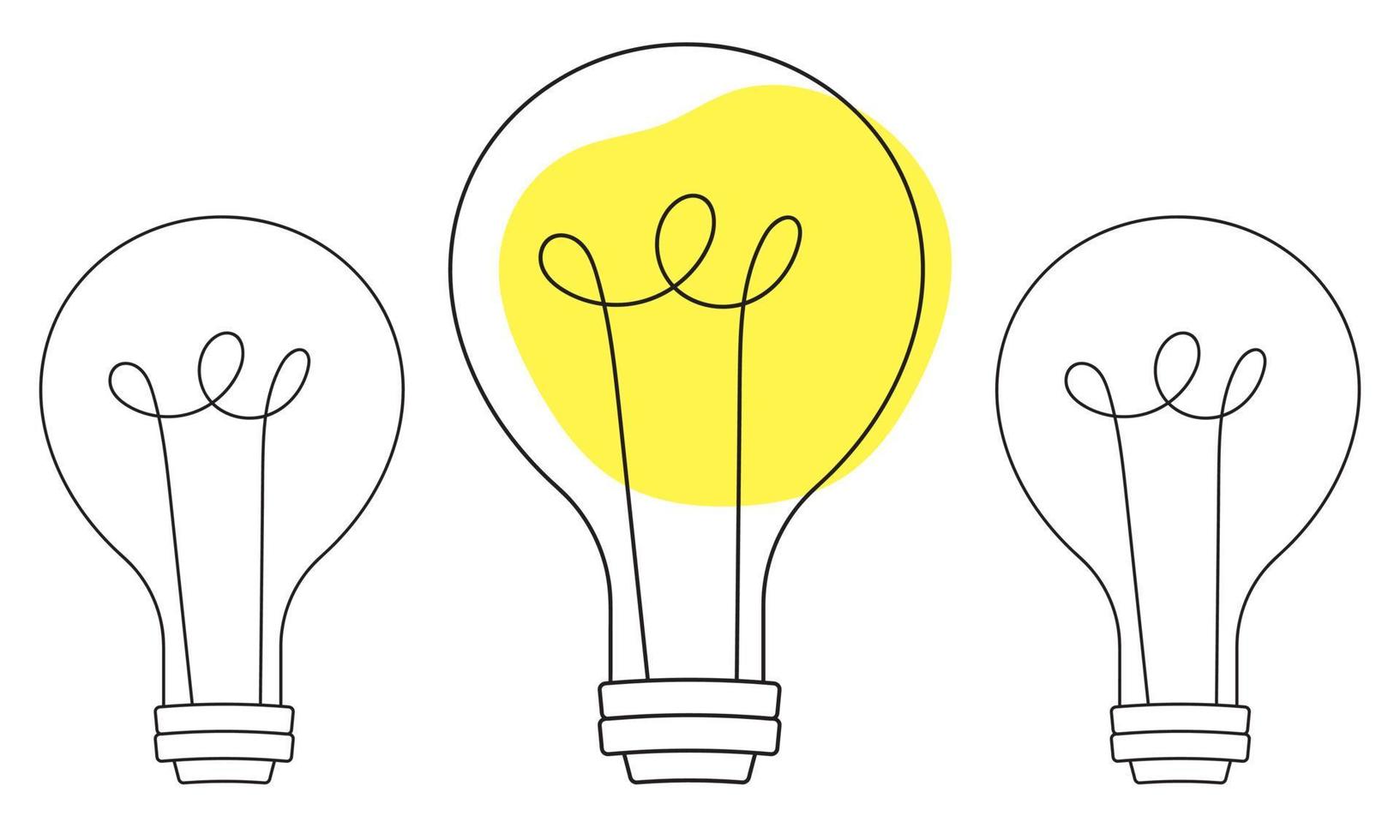 Yellow light bulb in line art simple style. Good idea symbol. Finding good decision. Decision making item. Lamp in flat modern style. Innovation, inspiration concept. vector