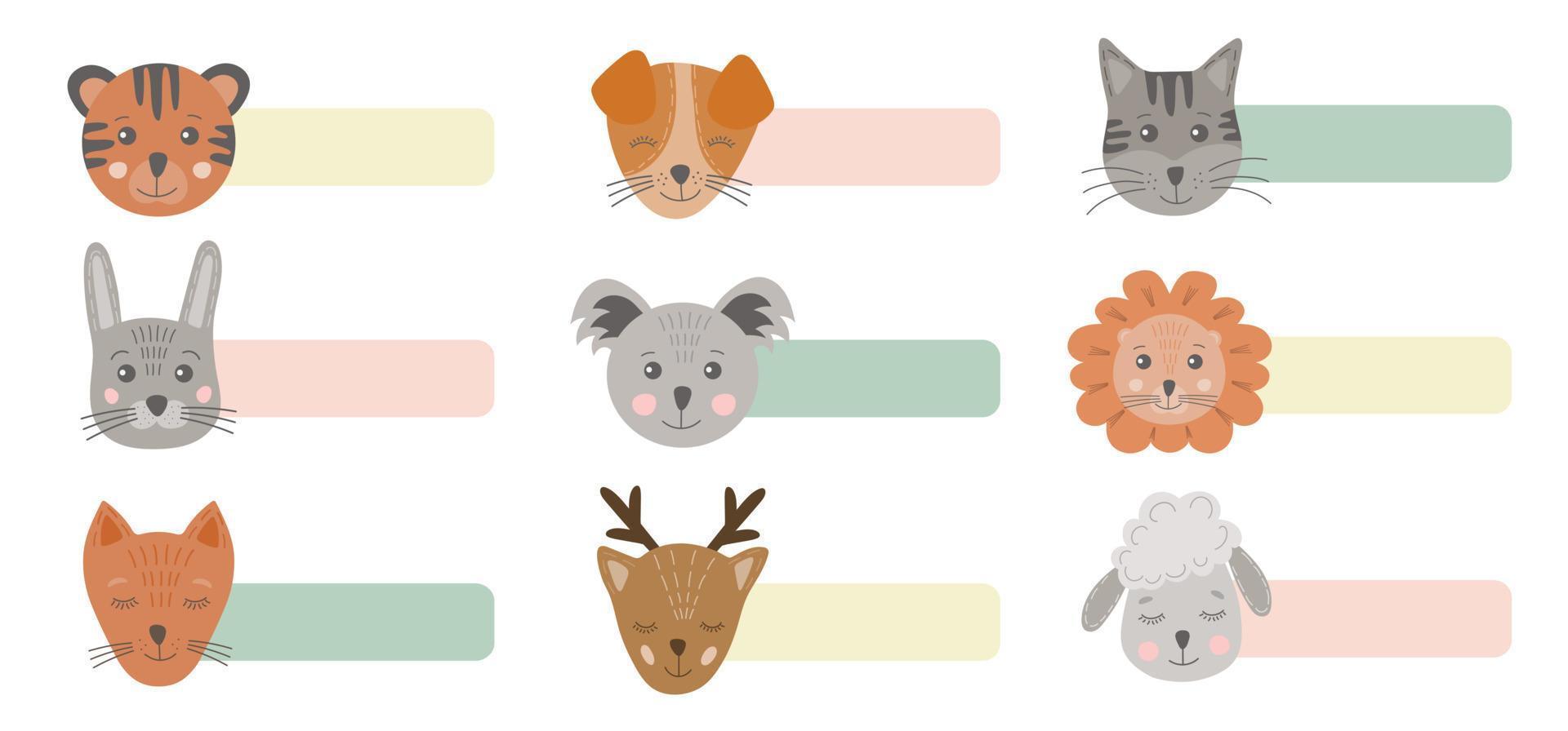 lindo juego imprimible de notas adhesivas con caras de animales divertidos en un estilo escandinavo simple dibujado a mano. lindas pegatinas de garabatos con animales para niños. conjunto de notas de álbum de recortes. papelería infantil. vector