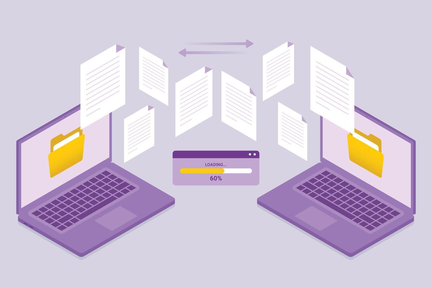 Transfer document files between two laptops with isometric view vector