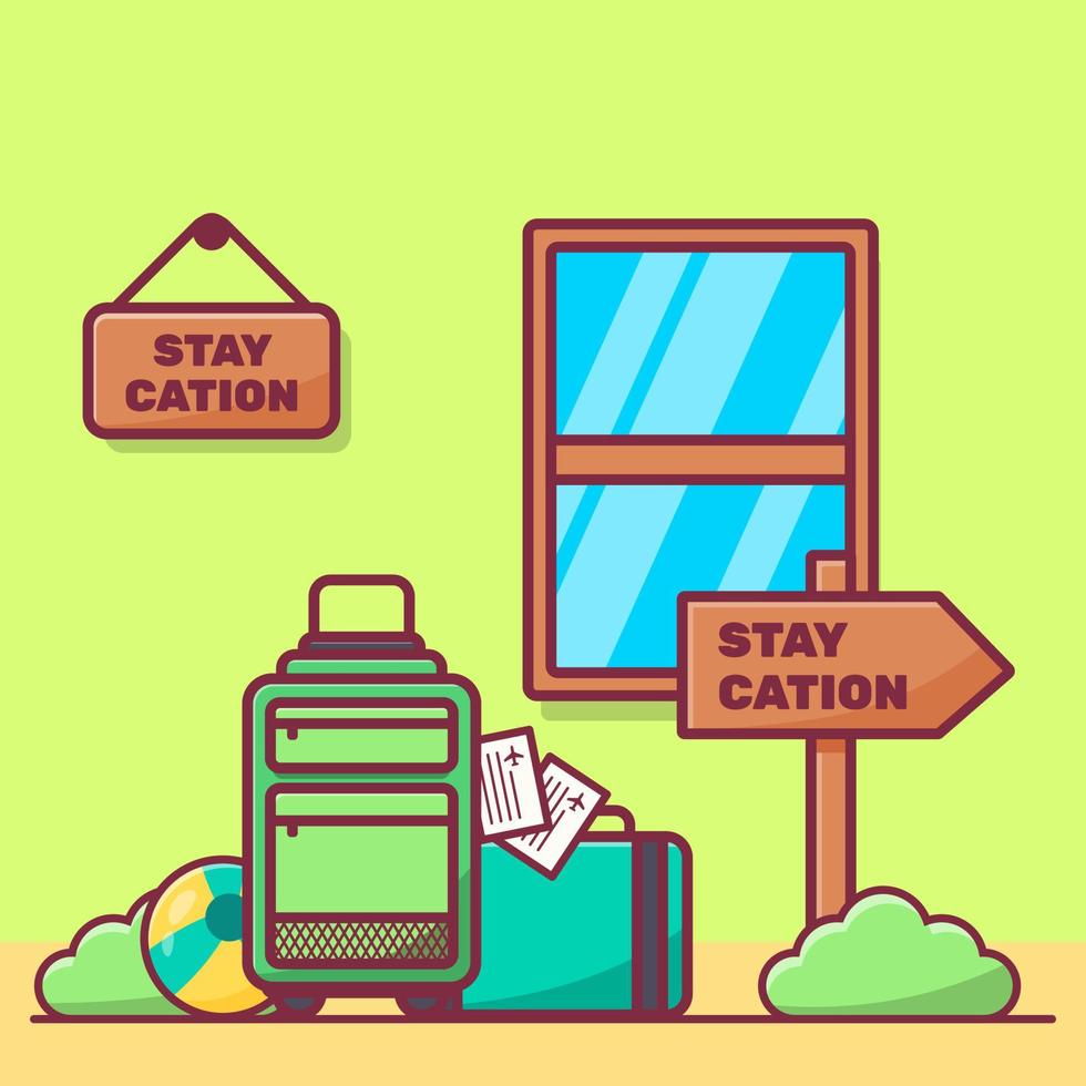 holiday illustration, suitcase, ball, plane ticket, sign, vacation, staycation vector