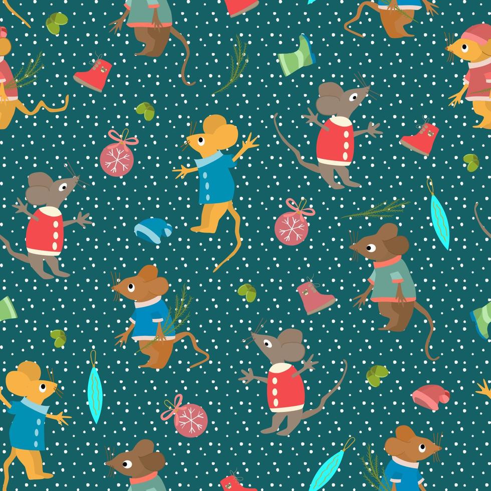 Childish seamless pattern with christmas elements. Background for the new year with a mouse, Christmas tree, Xmas balls, winter boot and hat. Vector illustration with new year celebration Icons