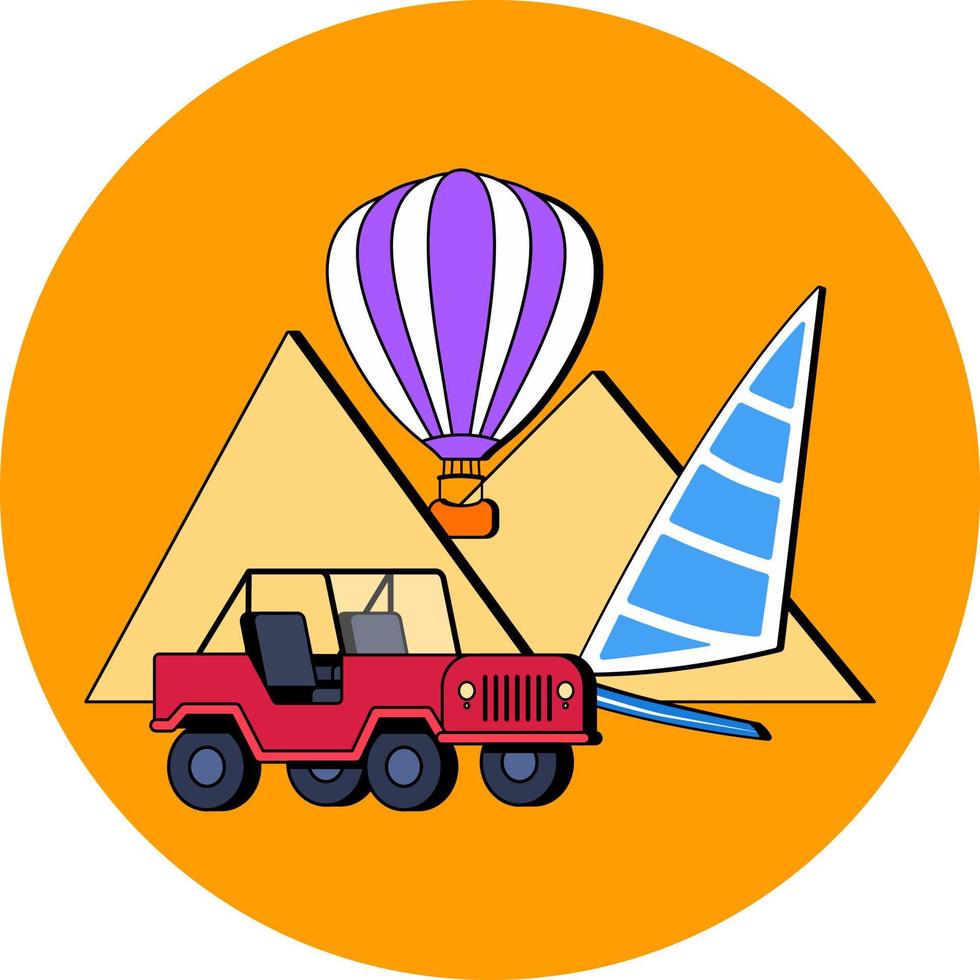 Illustrations on the topic of travel. Air balloon, off road vehicle, sailboat, pyramids. vector
