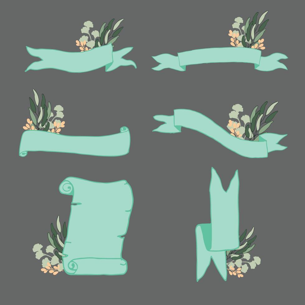 Mint green ribbon with tiny leaves decoration, vector illustration.