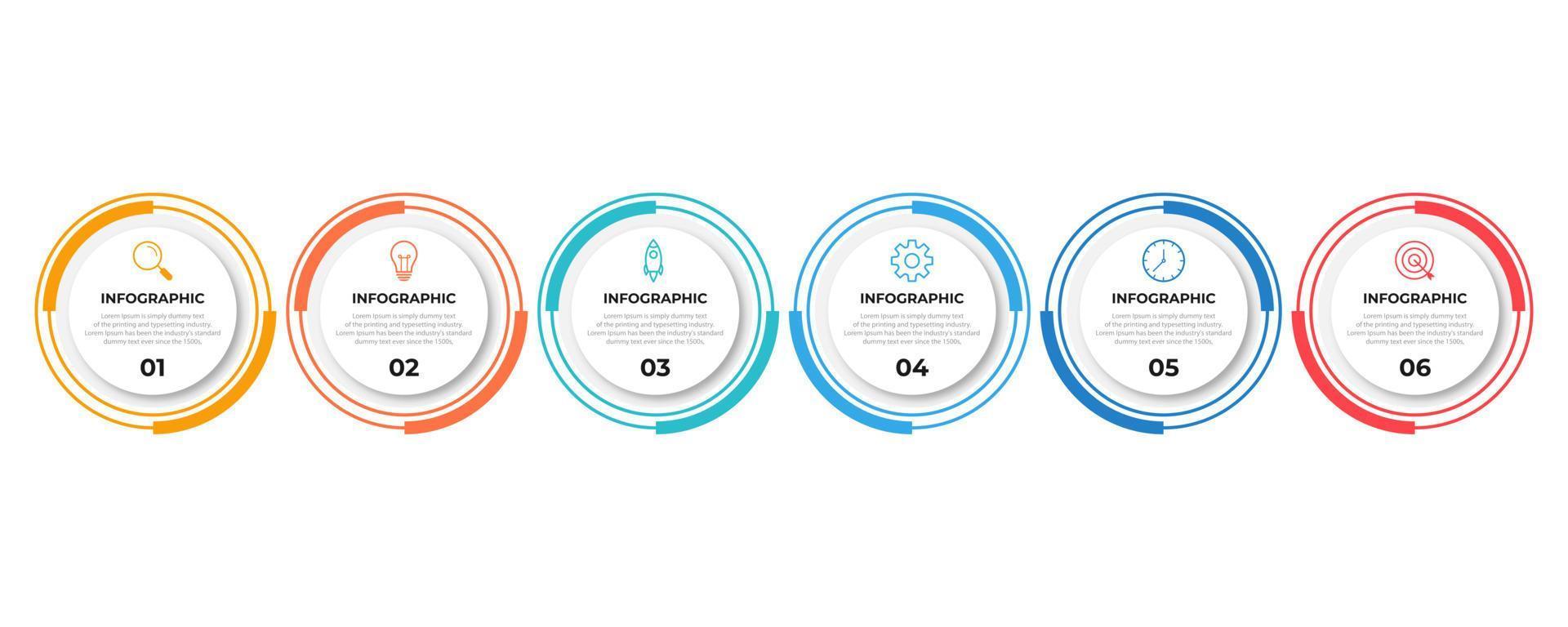 Timeline infographic template with Modern circles shapes. Business process line with 6 number options, steps. Vector illustration.
