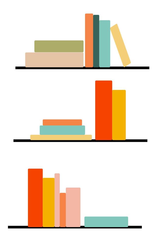 Vector design of wall shelves with various books. Time to read. A set of books, literature, dictionaries, notebooks and encyclopedias. Color flat illustration on an isolated white background.